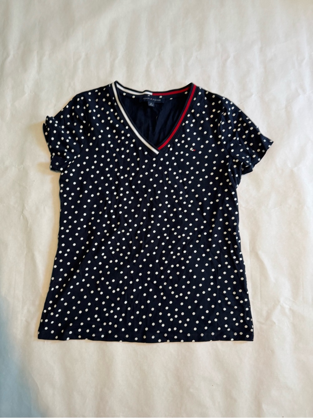 Tommy Hilfiger Navy Short-Sleeve V-Neck Top with White Polka Dots and Red Trim